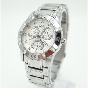 Relic Women's Watch 34mm Silver Tone Day Date Pave Bling Jewel w New Battery